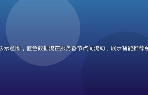 逼特逼视频算法示意图，蓝色数据流在服务器节点间流动，展示智能推荐系统的工作原理